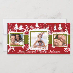 Red Green Grunge Pine Swirls Holiday Family Photo Card