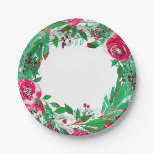 Red Green Holiday Christmas Floral Flowers Wedding Paper Plate