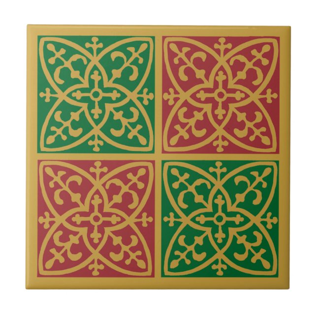 Red Green Holiday Fleur de Lis Pattern Tile (Front)