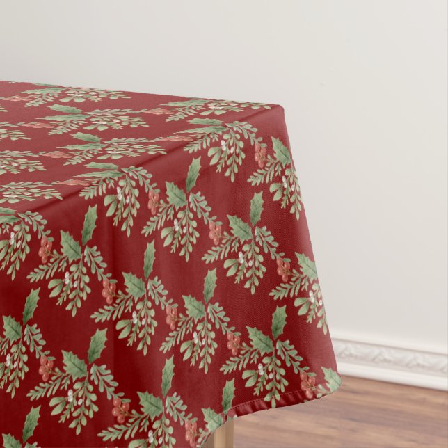 Red Green Holly Berries Christmas Holiday Tablecloth (In Situ)