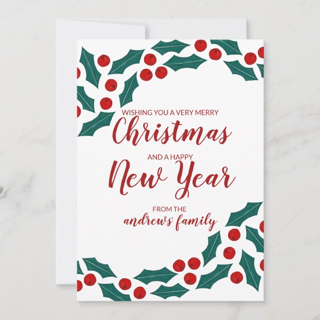 Red Green Holly Berries Ivy Leaves Christmas Holiday Card (Front)