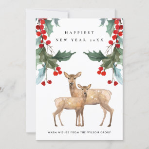RED GREEN HOLLY BERRY DEER DUO NEW YEAR CORPORATE HOLIDAY CARD
