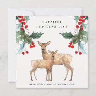 RED GREEN HOLLY BERRY DEER DUO NEW YEAR CORPORATE HOLIDAY CARD