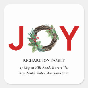 RED GREEN HOLLY BERRY JOY WREATH CHRISTMAS ADDRESS SQUARE STICKER