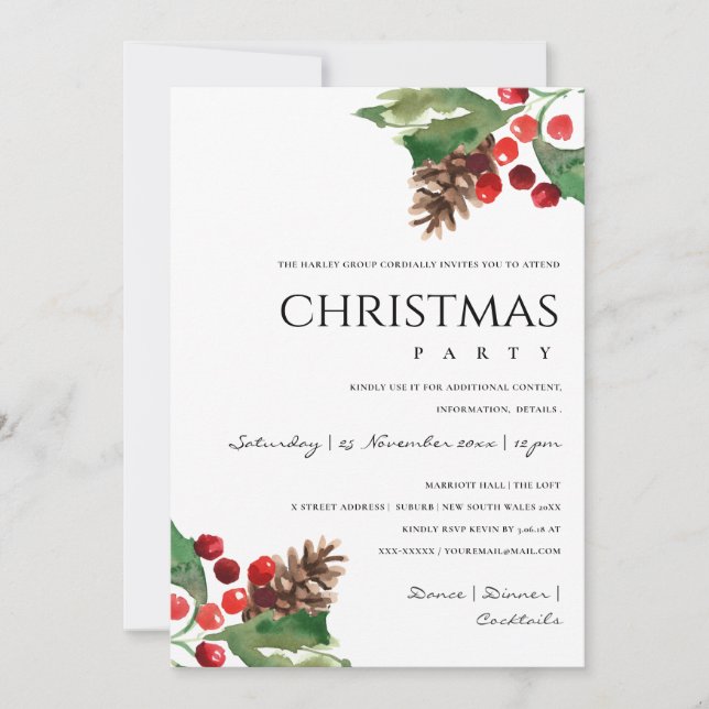 RED GREEN HOLLY BERRY PINE CONE CHRISTMAS PARTY HOLIDAY CARD (Front)