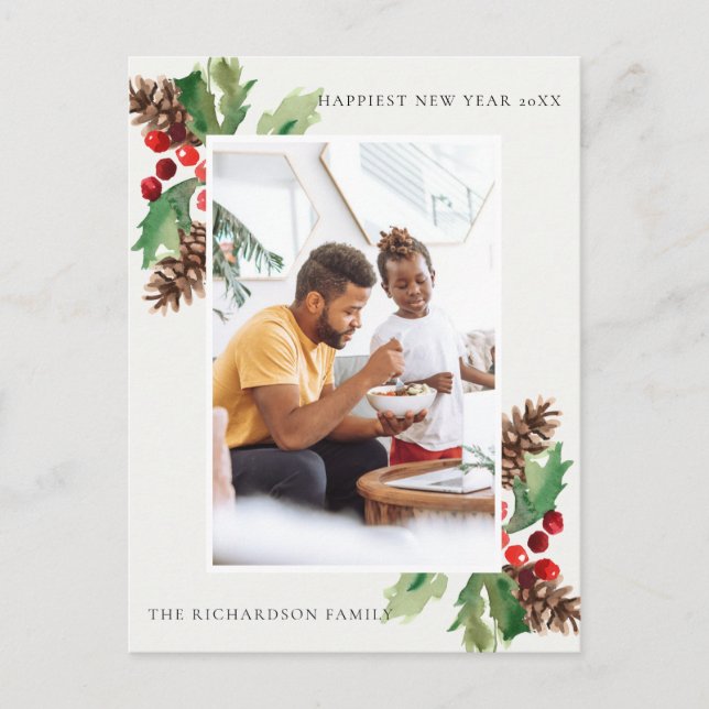 RED GREEN HOLLY BERRY PINE CONE NEW YEAR PHOTO POSTCARD (Front)