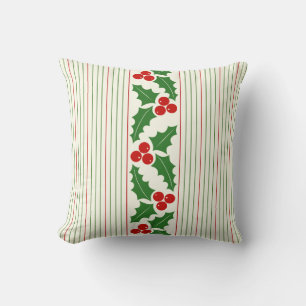 Red, green holly berry, stripes pattern Christmas Throw Pillow