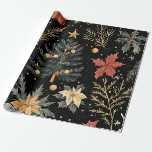 Red Green Holly Christmas Charcoal Pattern Wrapping Paper