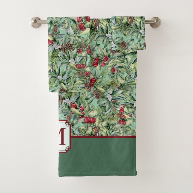Red Green Holly Christmas Pattern Monogram Bath Towel Set (Insitu)