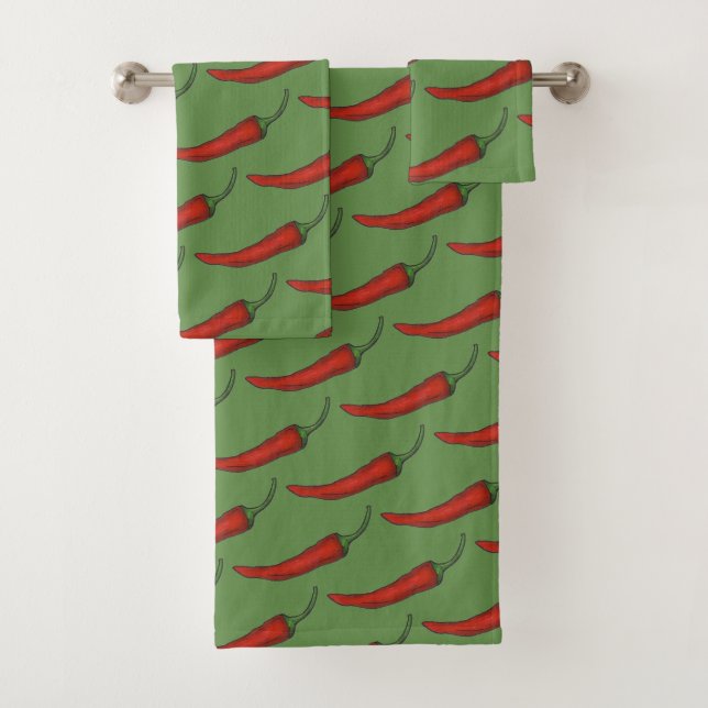 Red Green Hot Spicy Chili Chile Pepper Vegetable Bath Towel Set (Insitu)