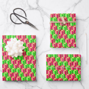 Red Green Isometric Present Pattern Wrapping Paper Sheet