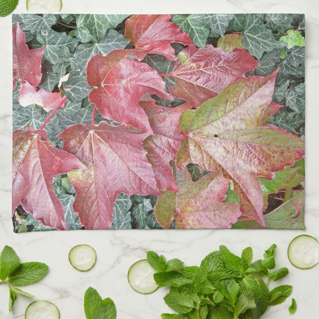 Red green ivy leaves fall autumn season kitchen towel (Folded)