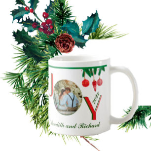 Red Green JOY Lettering I Photo Names Christmas  Coffee Mug