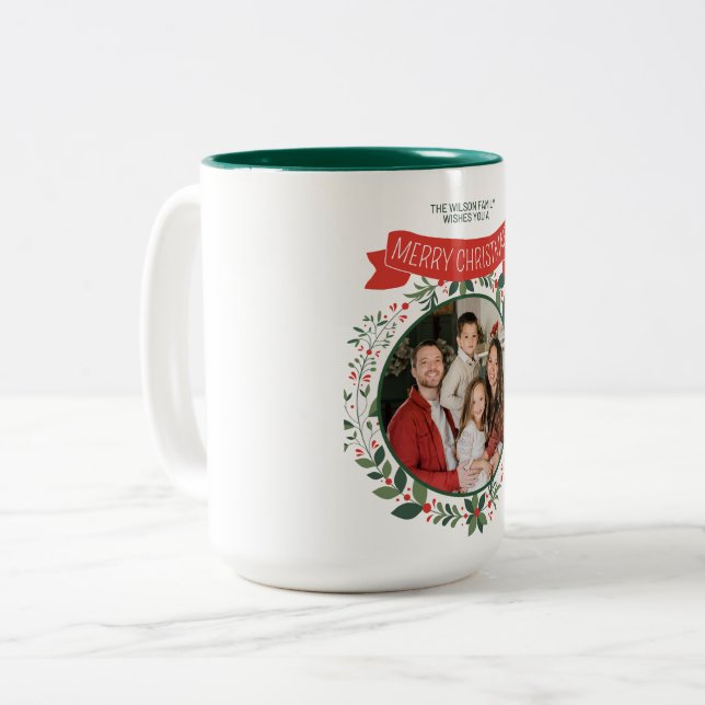 Red&Green Joyeux Noël avec Joyeux Mug de famille (Devant gauche)