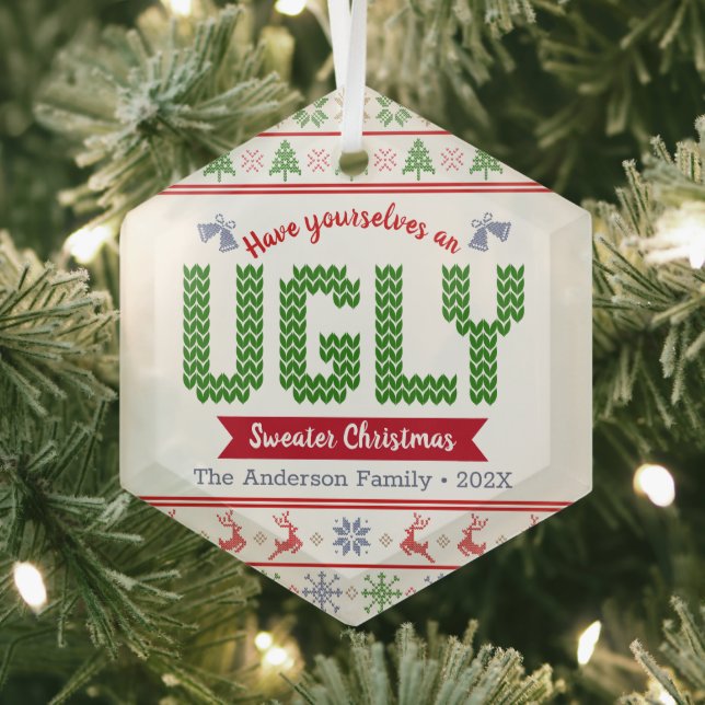Red Green Knit Ugly Sweater Christmas Tacky Nordic Glass Ornament (Insitu)