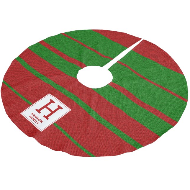 Red Green Knitting Stripe Pattern Monogram Brushed Polyester Tree Skirt (Angled)