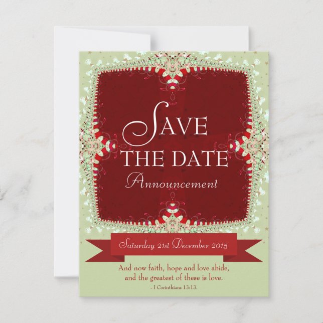Red + Green Lace Enregistrer la date Invitation (Devant)