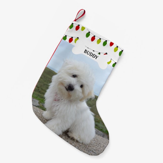 Red Green Lights Dog Bone Pet Photo Small Christmas Stocking (Front (Hanging))