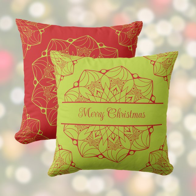 Red & Green Mandala Christmas Colors Throw Pillow (Creator Uploaded)