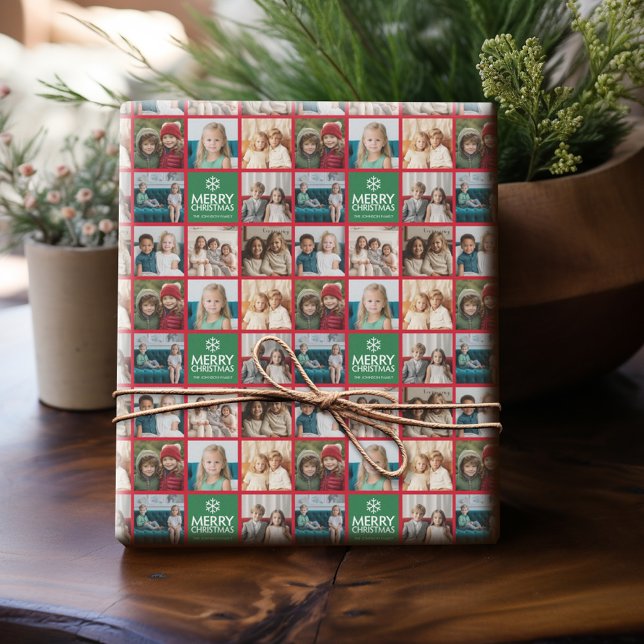 Red & Green Merry Christmas 8 Photo Collage Wrapping Paper (Personalized Photo Wrapping Paper)