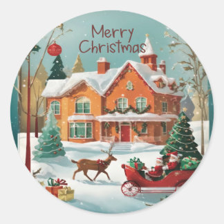 Red Green Merry Christmas Winter Scene Classic Round Sticker