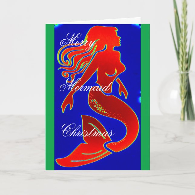 red/green Merry mermaid Christmas Holiday Card (Front)