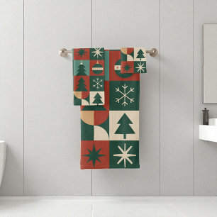 Red Green Mid Century Modern Chequered Holiday Bath Towel Set