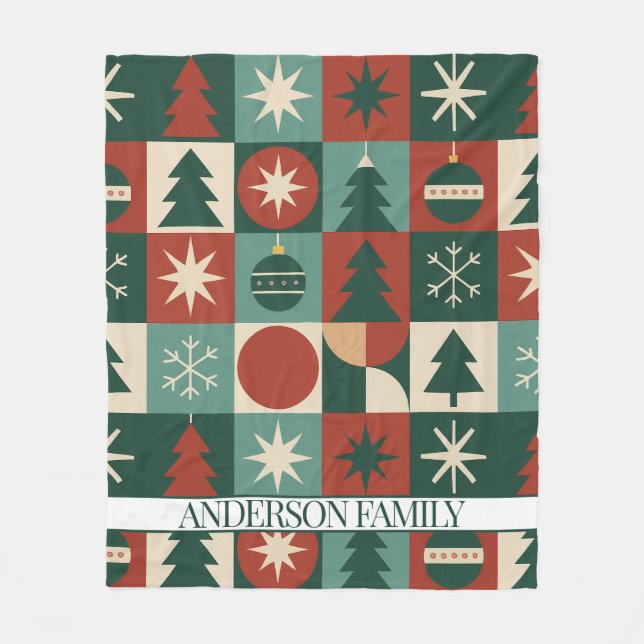 Red Green Mid Century Modern Chequered Holiday Fleece Blanket (Front)