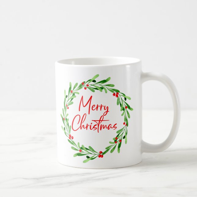Red Green Minimal Christmas Wreath Watercolor Coffee Mug (Right)