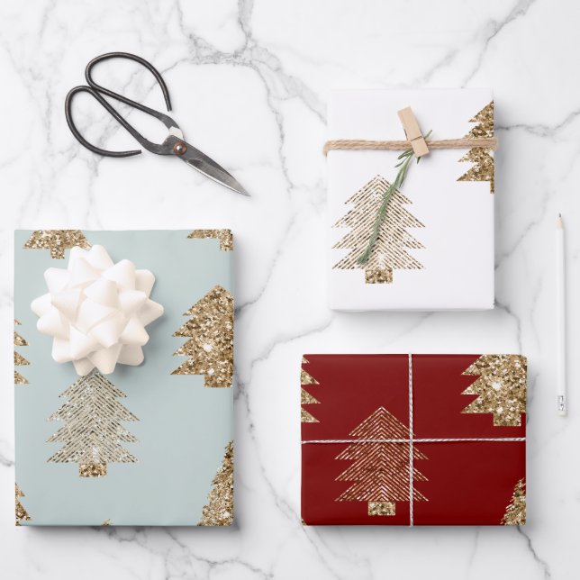 Red Green Mint Gold Glitter Glam Christmas Trees Wrapping Paper Sheet (Front)
