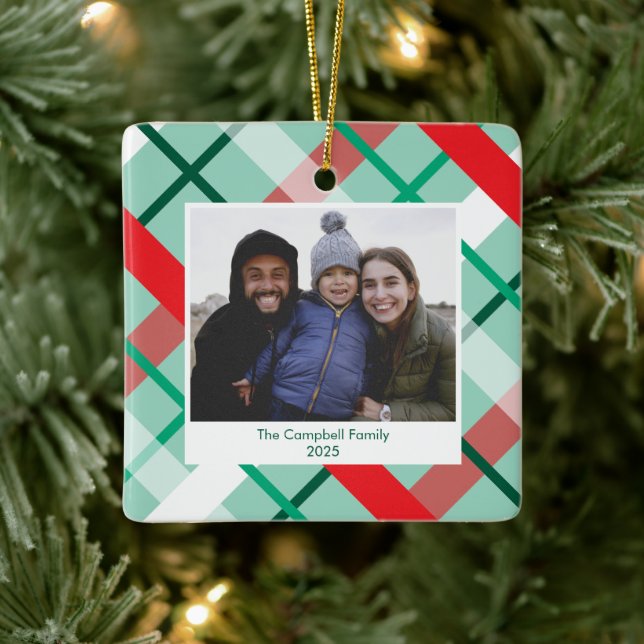 Red Green Mint Plaid Christmas Photo Ornament (Tree)