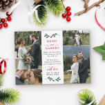 Red Green Mistletoe Merry Married Christmas Thank You Card<br><div class="desc">Photo collage thank you wedding card to say thank you and wish your wedding guests merry Christmas. Add four of your own wonderful wedding photos and a personal thank you message and wishes for the holidays and new year. Add your names as well above a hand-drawn illustration of a mistletoe...</div>