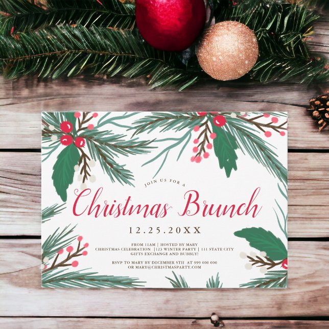 Red green mistletoe watercolor Christmas brunch Invitation (Red green mistletoe watercolor Christmas brunch Invitation)