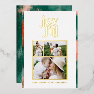 Red + green modern abstract joyful 3 photo  foil h foil holiday card