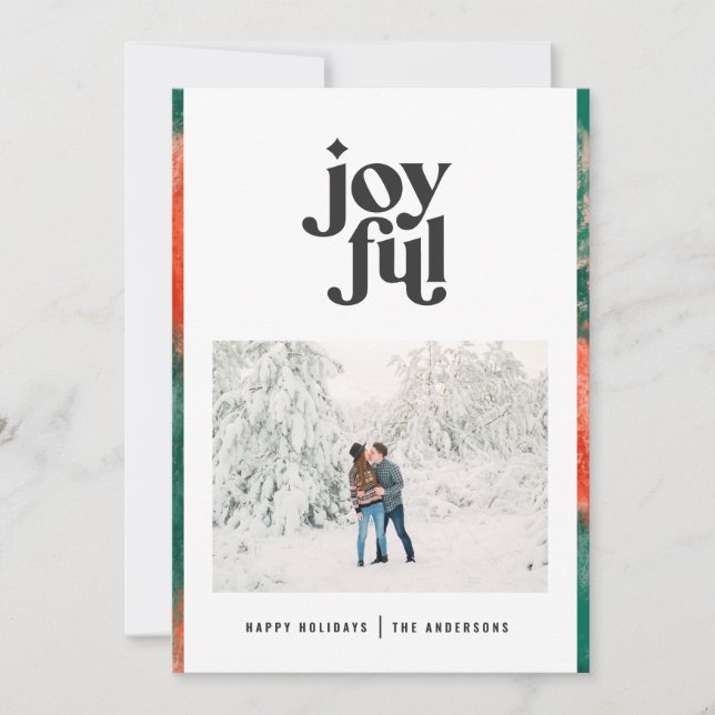 Red + green modern abstract joyful photo holiday card (Front)