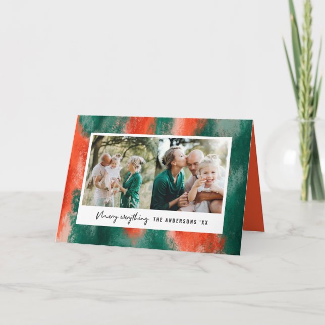 Red + green modern abstract painted photo holiday card (Front)
