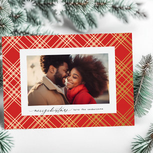 Red Green Modern Calligraphy Christmas Gold Plaid Foil Holiday Card