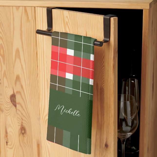 Red Green Modern Tartan Christmas Pattern Kitchen Towel (Thirds Fold)