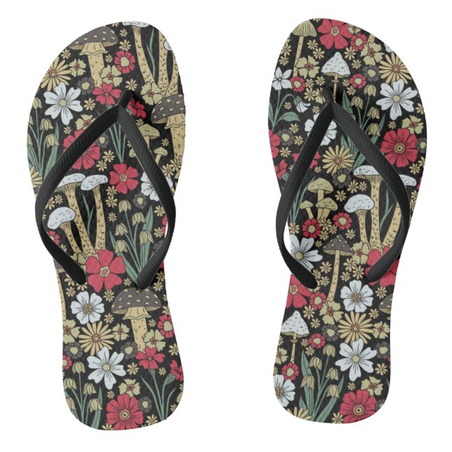 Red & Green Mushrooms & Flowers Flip Flops (Footbed)