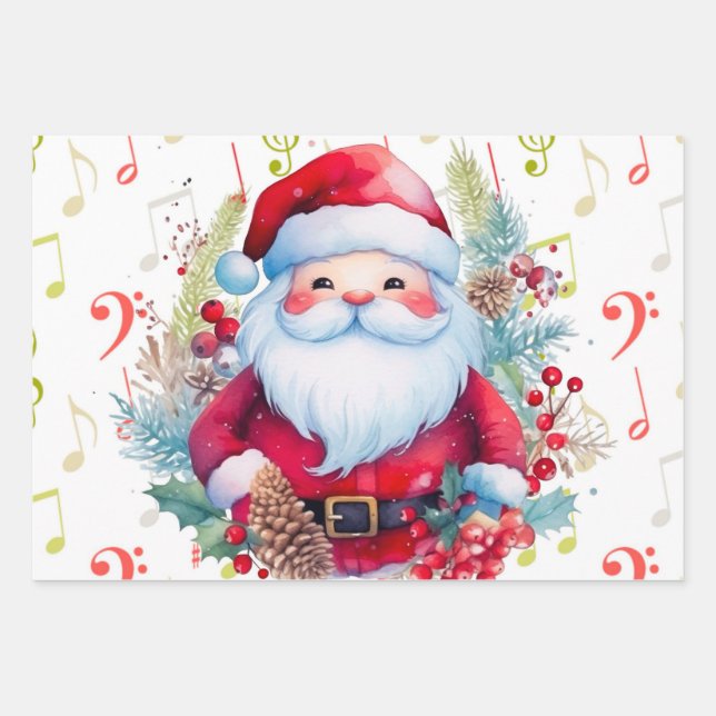 Red Green Music Notes and Santa Claus Wrapping Paper Sheet (Front)