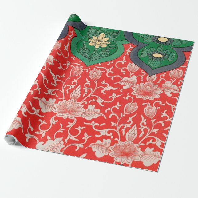 Red & Green Mystic Lotus Asian Abstract Wrapping Paper (Unrolled)