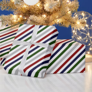 Red Green Navy Grey and White Striped  Wrapping Paper