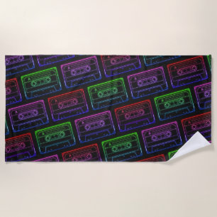 Red Green Neon Retro Cassette Tape Pattern Beach Towel