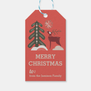 Red Green Nordic Tree and Reindeer Christmas Gift Tags