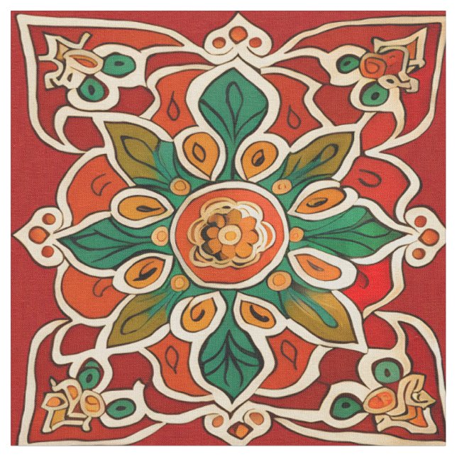 Red Green Orange Yellow Azulejos Floral Pattern Fabric (Close Up)