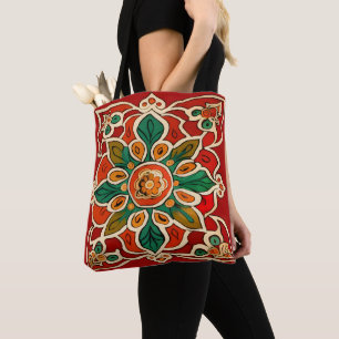 Red Green Orange Yellow Azulejos Floral Pattern Tote Bag