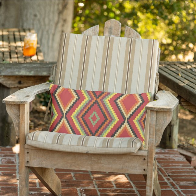 Red Green Orange Yellow Black Tribal Art Pattern Lumbar Pillow (Chair)