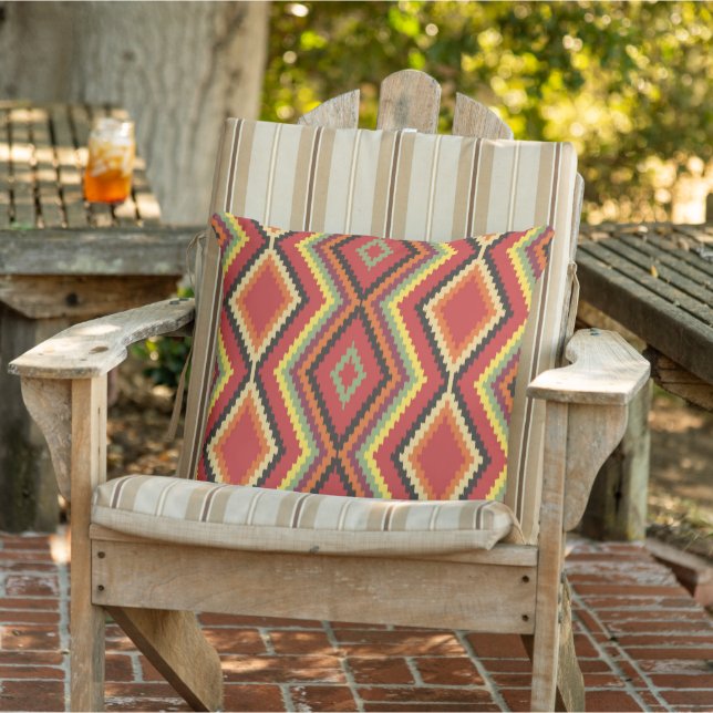 Red Green Orange Yellow Black Tribal Art Pattern Outdoor Pillow (Chair)