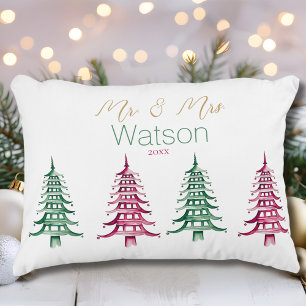 Red green Pagoda Christmas Tree Mr. and Mrs. Accent Pillow