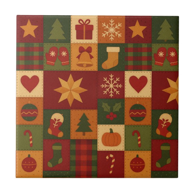 Red Green Patchwork Quilt Rustic Farmhouse Floral Tile (Front)